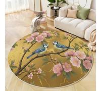 Tapis Rond Naturel Style Chinois Lavable Machine, Rose Tapis Imprimé Oiseaux Fleurs Branches Antidérapant Absorbant, pour Salon Chambre Salle à Manger Nursery Salle de Jeux, 180cm
