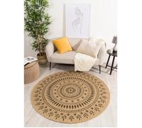Tapis Rond - NAZAR RUGS - NATURE - 120x120 cm - Effet Jute - Noir - Motif Oriental