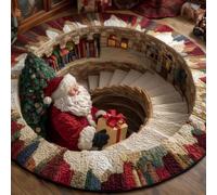 Tapis Rond Noël 3D Père Noël Illusion Optique (60 * 60cm/24×24in) | Illusion optique 3D : le Père Noël tombe dans un puits ; tapis rond doux antidérapant -Antidérapant Déco