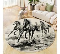 Tapis Rond Noir Lavable en Machine, Antidérapant Animaux Peinture À L'Encre Douce Pile Courte Chevaux Au Galop Imprimé Tapis, pour Salon Chambre d'enfant Salle de Bain Entrée 150cm