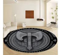 Tapis Rond Noir Lavable en Machine, Tapis Thème Viking Motif Géométrique Hache Poils Courts - Moquette Doux et Antidérapant Diamètre 80 cm Facile d'entretien pour Salon Chambre
