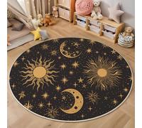Tapis Rond Or Mystérieux Astronomie Lavable en Machine, Tapis Interieur Imprimé Soleil Lune Étoiles Antidérapante Poil Bas, pour Salon Chambre Cuisine Nursery Bureau 150cm