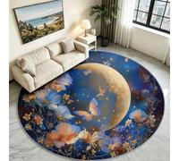 Tapis Rond Papillon et Lune Céleste, Poils Ras Lavable Salon 120 cm | Papillons Féeriques et Lune Fond Bleu Nuit, Douceur Confortable Sécurisée, Lavable en Machine, Idéal Chambre et Coin Lecture