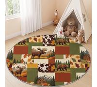 Tapis Rond Patchwork Lodge pour Chambre D'enfant, Lavable en Machine | Enfant Tapis de Jeu Interieur Imprimé Rustique Ours Brun Cerf pour Garçon et Fille, Anti Slip Moquette Salon 160 cm, Marron