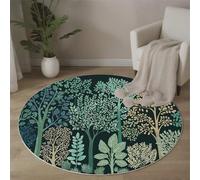 Tapis Rond Paysage Forestier Descente De Lit Arbres Dessinés À La Main Moquette Antidérapant Lavable à Poils Ras pour Chambre à Coucher, Salle a Manger, Salon, Table Basse - 100cm - Vert