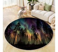 Tapis Rond Paysage Naturel Forêt Salon Classic Shaggy Chambre Aurores Boréales Forêt De Pins Poils Ras Antidérapant Fluffy pour Rugs (160Cm, Vert)