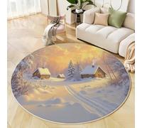Tapis Rond Paysages d'hiver Oniriques pour Salon 180cm, Tapis de Sol Imprimé Maisons en Bois Arbres Lavable et Antidérapant, Carpette Blanc Facile à Entretenir, pour Chambre Cuisine Balcon Terrasse