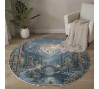 Tapis Rond Paysages Hivernaux Réalistes Et Réalistes, Doux Poils Courts Cadres De Fenêtres Pont De Pierre Plantes Imprimé Antidérapant et Lavable Bleu Tapis de Sol, pour Canapé Cuisine 160cm