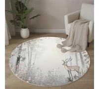 Tapis Rond Paysages Naturels Tapis à Poil Court Forêt Brumeuse Et Cerfs Antidérapant, Lavable pour Chambre à Coucher, Salle à Manger, Dortoir, Descente de lit Decoration, 80cm, Gris