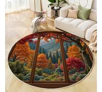 Tapis Rond Paysages Réalistes Naturels, Tapis Rouge Poils Courts Doux Imprimé Fenêtre Forêt d'automne, Lavable en Machine et Facile d’Entretien, pour Chambre à Coucher Cuisine Salle à Manger 180cm