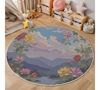 Tapis Rond Paysages Romantiques Naturels, Tapis Rose Poils Courts Doux Imprimé Roses Montagnes, Lavable en Machine et Facile d’Entretien, pour Chambre à Coucher Cuisine Salle à Manger 90cm