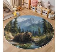 Tapis Rond Peinture À l'huile Réaliste Salon Classic Shaggy Chambre Ours Grizzli Motif Forêt De Pins Poils Ras Antidérapant Fluffy pour Rugs (200cm, Vert)