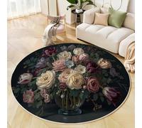 Tapis Rond Peinture Nature Morte 200cm Tapis à Poils Courts Bouquet Roses Sauvages Descente de lit Antidérapant Lavable Carpette Décoratif pour Salon, Chambre à Coucher, Bureau, Salle à Manger, Noir