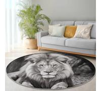 Tapis Rond Photographie Style 150cm, Antidérapant Lavable en Machine Carpette Réaliste Puissance Animal Lion Tapis Salon Rond Imprimé pour Salle À Manger Chambre D’Enfant Nurserie Gris