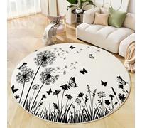 Tapis Rond Pissenlit Moderne Papillon 80 Cm, Lavable En Machine Pour Salon, Ne Perd Pas Ses Poils, Antidérapant | Tapis Plante Minimaliste Pour Chambre À Coucher Chambre D'Enfant, Noir Et Blanc