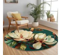 Tapis Rond Plantes Fleurs Et Feuilles De Magnolia Blanc Douce 200 cm, Tapis Circulaire Peinture À L'Huile Antidérapant Lavable en Machine Descente de lit Décoration pour Salon Salle à Manger Bureau