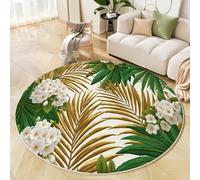 Tapis Rond Plantes Tropicales, Tapis de Sol Or Imprimé Feuilles De Palmier Fleurs Antidérapant Lavable, Doux et Moelleux Interieur Carpette, pour Chambre Salon Cuisine Couloir Balcon 150cm