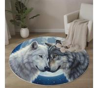 Tapis Rond Pleine Lune Loups Noirs Et Blancs Pour Chambre à Coucher, Style D'Art Fantastique Tapis Rond Antidérapant Poils Ras Et Doux Pour Chambre à Coucher Cuisine Salon Maison (120cm, Bleu Foncé)
