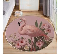 Tapis Rond Poil Bas Lavable 60cm - Parterre De Fleurs Flamants Roses Représentation Naturaliste Des Animaux - Tapis De Sol Doux Et Antidérapant Pour Salon, Couloir, Salle D'étude, Décor Intérieures