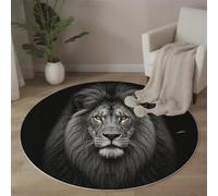 Tapis Rond Portrait De Lion 160cm, Réalisme Animal Rétro Lavable en Machine Tapis Rond pour Salon, Antidérapant, Imprimé pour Salle à Manger, Chambre, Nurserie, Noir