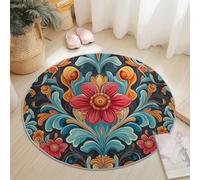 Tapis rond pour chambre de fille, 245 cm, lavable, tapis antidérapant avec cercles style rétro avec petits diamants pour dortoir, salle de jeux, tente d'adolescent, jaune et rouge
