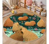 Tapis Rond pour Enfant - Animaux de Dessin animé - Imprimé Capybara - pour Chambre d'enfant Salle de Jeux Chambre d'adolescent Salon - Vert brunâtre