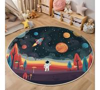 Tapis Rond pour Enfant - Paysage Spatial Astronautes galactiques- pour Chambre d'enfant, Salle de Jeux, Chambre d'adolescent, Salon - Noir et Jaune - 120cm