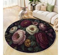 Tapis Rond pour Salon Jardins Magnifiques Britanniques Moelleux Tapis à Poils Courts Fleurs Mélancoliques, Dessous antidérapant, Lavable pour Chambre, et Chambre d'enfant, 100cm, Rouge Bordeaux