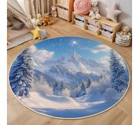 Tapis Rond pour Salon Scène Enneigée Moderne Moelleux Tapis à Poils Courts Arbres Feuilles Persistantes Sur Montagnes Enneigées, antidérapant, Lavable pour Chambre Chambre d'enfant, 80cm, Bleu Foncé