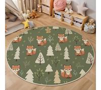 Tapis Rond Renard Des Forêts (Dessin Animé) Illustration Mignonne - Moquette Lavable Poils Courts Doux Antidérapant Pour Chambre À Coucher Salon Vestibule Entrée Chambre D'Enfant, Vert Olive 100 Cm