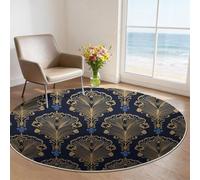Tapis Rond Rétro 160 cm et Moquette Ronde Salon, Design Minimaliste Élégant Géométrique, Tapis Circulaire Antidérapant et Doux, Idéal pour Décoration Chambre et Salle à Manger, Bleu Foncé Or