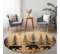 Tapis Rond Rétro Animaux Ours Pins Texturé 100 cm Tapis Chambre avec Bords Cousus, Antidérapant Doux Poils Courts Lavable Salon Convient pour Bureau L'intérieur Décorer - Marron Noir