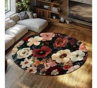 Tapis Rond rétro Chinois aux Fleurs superposées, esthétique élégante, Tapis Lavable à Poil Bas antidérapant pour Salon, Chambre et Salle à Manger 80x80cm