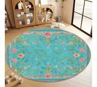 Tapis Rond Rétro de Bleu, Doux et antidérapant Lavable en Machine Tapis de Chambre - Motif Oiseaux Feuilles Fleurs pour Salon Cuisine Couloir Salle de Bain - 160 cm