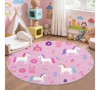 Tapis Rond Rose 120 cm, Dessin Animé Douce Lavable Tapis À Poils Courts - Licorne Château Arc En Ciel Étoile Motif Légère Antidérapante Moquette pour Petite Chambre d'Enfant et Salon Balcon Décoration