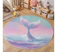Tapis Rond Rose 160cm, Tapis de Sol Imprimé Sirènes Vagues Océaniques Antidérapant Doux, Fantaisie Conte De Fées Décoration pour Salon Chambre Cuisine et Salle à Manger Zone d’étude
