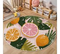 Tapis Rond Rose Diamètre 120cm, Tapis de Sol Abstraction Éléments Naturels Décoration Antidérapant imprimé Fruits Tropicaux Feuilles, pour Salon Chambre Cuisine Salle à Manger Intérieur