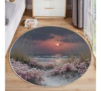 Tapis Rond Rose Lavable en Machine, Antidérapant Paysages Réalistes Naturels Douce Pile Courte Plage Fleurs Imprimé Tapis, pour Salon Chambre d'enfant Salle de Bain Entrée 120cm