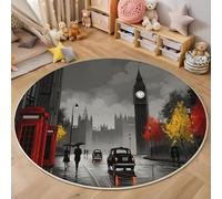 Tapis Rond Rouge 120cm, Tapis de Sol Imprimé Big Ben Scène De Rue Antidérapant Doux, Paysage Urbain Rétro Décoration pour Salon Chambre Cuisine et Salle à Manger Zone d’étude