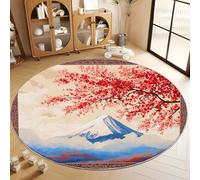 Tapis Rond Rouge pour Enfant 100 cm, Tapis Rond Traditionnel Japon Mont Fuji Fleurs De Cerisier Doux de Sol Décoration Antidérapant pour Salon Chambre Cuisine Balcon Terrasse Salle de Jeux