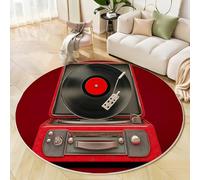 Tapis Rond Rouge pour Salon 100cm, Antidérapant Lavable Tourne-Disque Vinyle Imprimé Décoration Style Musical Rétro Tapis, pour Chambre Cuisine Balcon Terrasse Salle à Manger Moquette