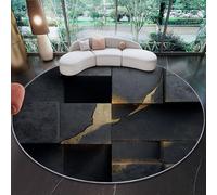 Tapis Rond Salon 100 cm - Imprimé Abstrait Carré Marbre, Noir Or Antidérapant Flanelle Douce Rond Tapis de Sol Décoration pour Salon Chambre Cuisine Bureau Couloir