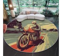 Tapis Rond Salon 100 cm - Imprimé Sports Rétro Motos, Rouge Antidérapant Flanelle Douce Rond Tapis de Sol Décoration pour Salon Chambre Cuisine Bureau Couloir