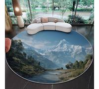 Tapis Rond Salon 100 cm Nature Montagnes Enneigées Ruisseaux Photographie Tapis De Sol Décoration Antidérapant pour Salon Chambre Cuisine Balcon Terrasse Salle À Manger Intérieur, Bleu
