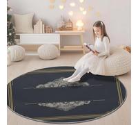 Tapis Rond Salon 100 cm Or Gris, Tapis Ronds Poils Courts pour Chambre Bureau Cuisine - Lavable et Antidérapant - Motif Imprimé Rétro Géométrique Lignes Bordures