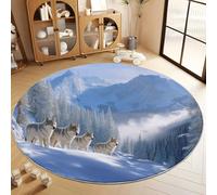 Tapis Rond Salon 100 cm Scène De Neige Fantastique Meute Loups Montagnes Antidérapant & Poils Courts Tapis de Sol Ronds Décoration, Blanc pour Chambre à Coucher Balcon Intérieur Extérieur Moquette