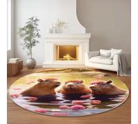 Tapis Rond Salon 120 cm Poils Courts pour Chambre Cuisine Intérieur Extérieur, Mignon Animaux Capybara Photographie Thème Antidérapant & Doux Flanelle Tapis Rond Décoratif, Kaki