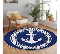 Tapis Rond Salon 120cm, Navigation Style Lavable Antidérapant Tapis Simple Rétro Géométrie Imprimé Carpette Convient pour la Chambre la Salle à Manger et Le Bureau Bleu Marine