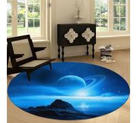 Tapis Rond Salon 150 cm Style Fantastique, Bleu Étoiles Rochers Halo Tapis de Sol Décoration Antidérapant Coureur - pour Chambre Cuisine Balcon Terrasse Salon Salle à Manger Intérieur Extérieur