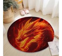 Tapis Rond Salon 150 cm, Tapis de Sol antidérapant imprimé Fantaisie Dragon Flamme décoration, pour Salon Chambre Cuisine Balcon Terrasse Salle à Manger Intérieur & Extérieur, Rouge